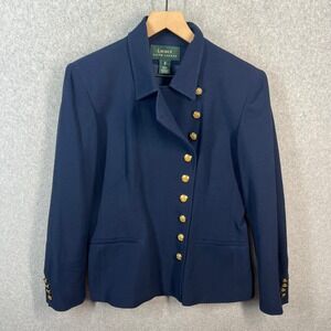 Ralph Lauren Navy Blue Wool Military Asymmetrical Gold Button Blazer Jacket 8